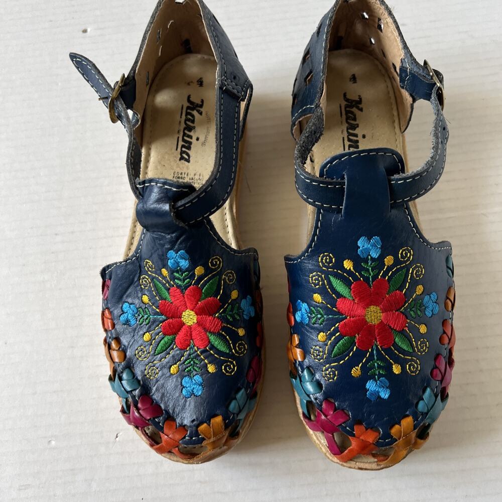 Karina Sz 4 Embroidered Flowers Boho Leather Sandal Made In Mexico/ Excellent - Picture 2 of 12